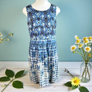 Talbots Blue Floral and Checked Fit and Flare Sleeveless Dress Size 12 Petite
